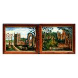 A pair of 19th century English school reverse painted on glass and foil paintings depicting a castle