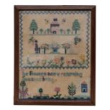 A 20th century needlework sampler, decorated figures, flowers and verse. framed and glazed. 32 by