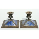 A pair of fine quality 19th century lapis lazuli and silvered brass candlesticks, 9cms high (2).