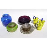 A quantity of art glass to include a faceted amethyst glass bowl and a silver overlay dessert set.