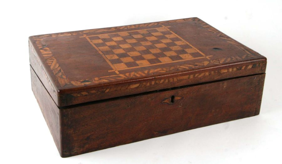 A 19th century inlaid mahogany writing slope, the rectangular top with integral chess board,