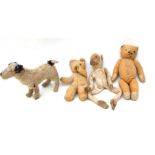 A group of vintage plush toys to include two teddies, a monkey and a dog.