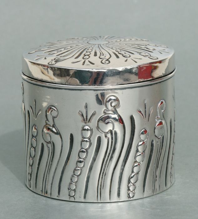 A George III Scottish silver tea caddy and cover of cylindrical form, the cover and body with chased