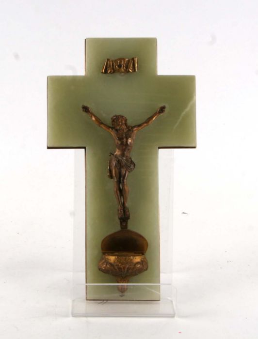 A late 19th / early 20th century French gilt metal and green onyx holy water font. 26cm