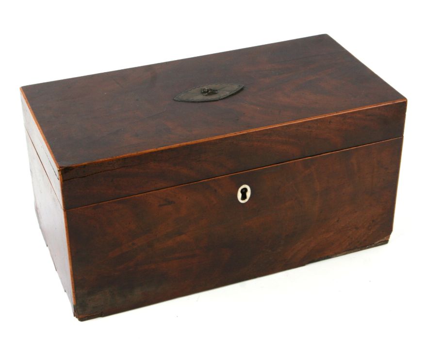 A 19th century mahogany and boxwood strung tea caddy, 30cms wide.