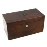 A 19th century mahogany and boxwood strung tea caddy, 30cms wide.