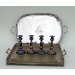 A George III style silver plate rectangular two handled tray with armorial, 75cm wide, another