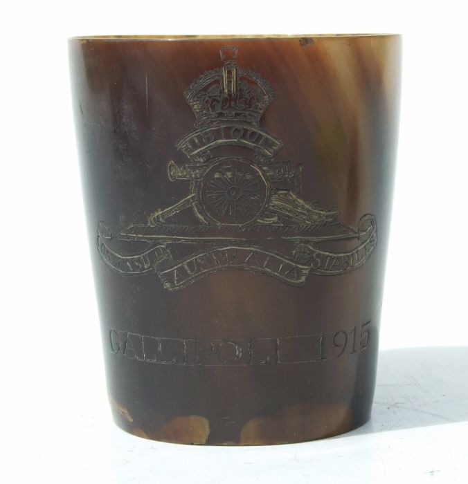 WWI interest. A horn beaker engraved with the badge of the Australian Artillery to one side and