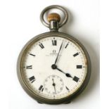 An Omega military open faced pocket watch, the white dial with Arabic numerals, subsidiary dial