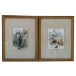 In the manner of Miles Birkett Foster, pair of watercolours, young girl feeding a calf and