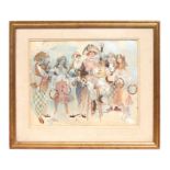 Modern British, a musical troupe and clowns, watercolour, indistinctly signed and dated 80 lower