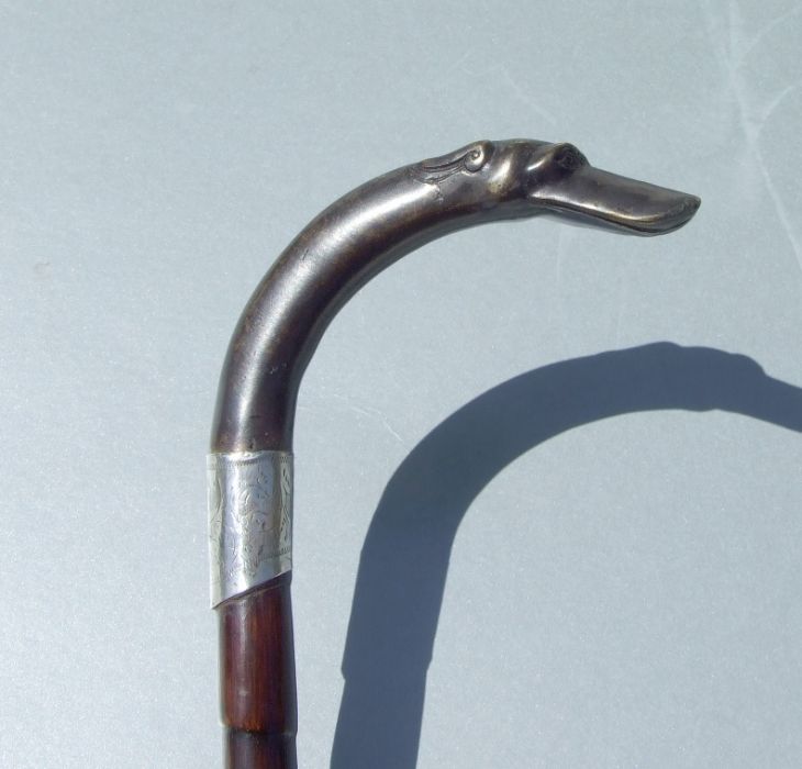 A partridge wood sword stick with bronze greyhound head handle and white metal collar, and square - Image 3 of 5