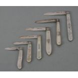 Six Victorian and later silver bladed mother of pearl fruit knives. (6) Condition Reportmother of