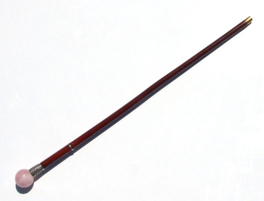 A Malacca sword stick with pink quartz ball handle and white metal collar, with a triangular - Image 2 of 3