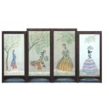 A set of four painted textile panels depicting courting couples with brass plaque stating - Designed