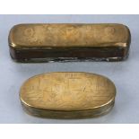 A late 18th century Dutch engraved brass tobacco tin, 12cm long and another similar, brass and