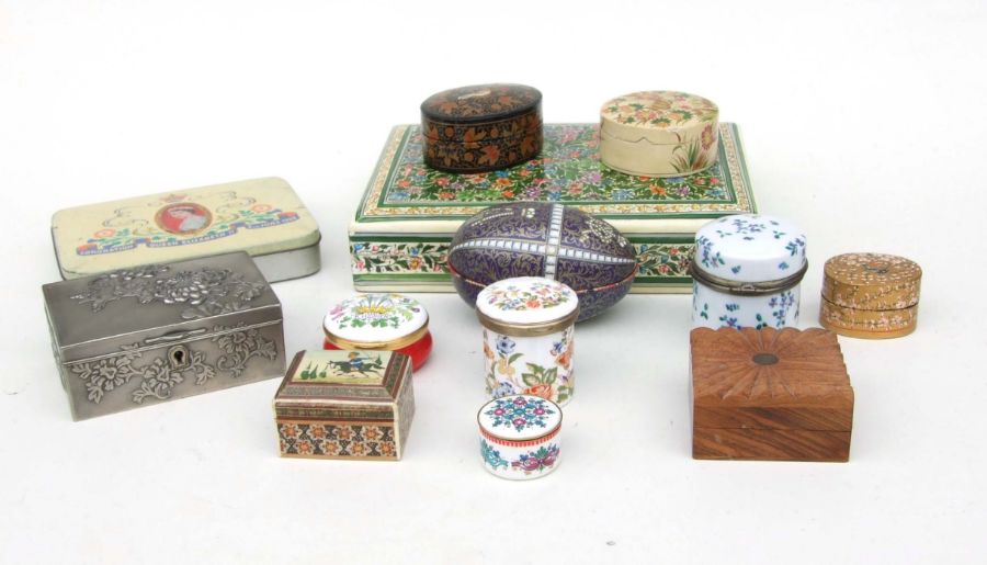A Crummles & Co enamel patch box; together with similar enamel boxes; lacquer boxes and similar