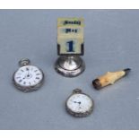 A silver mounted desk calendar, Birmingham 1920; together with two silver cased open faced fob