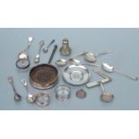 A quantity of small silver items to include a penknife with mother of pearl handle; caddy spoons;