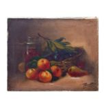 Late 19th century school, still life fruit in a basket, indistinctly signed lower right corner,