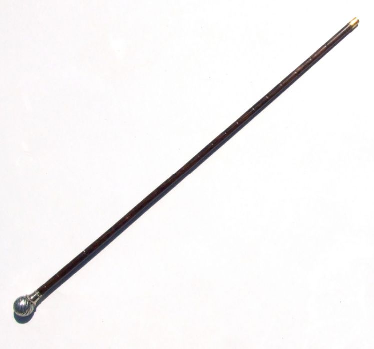 A partridge wood sword stick with silver plated ball handle and square tapering steel blade, overall
