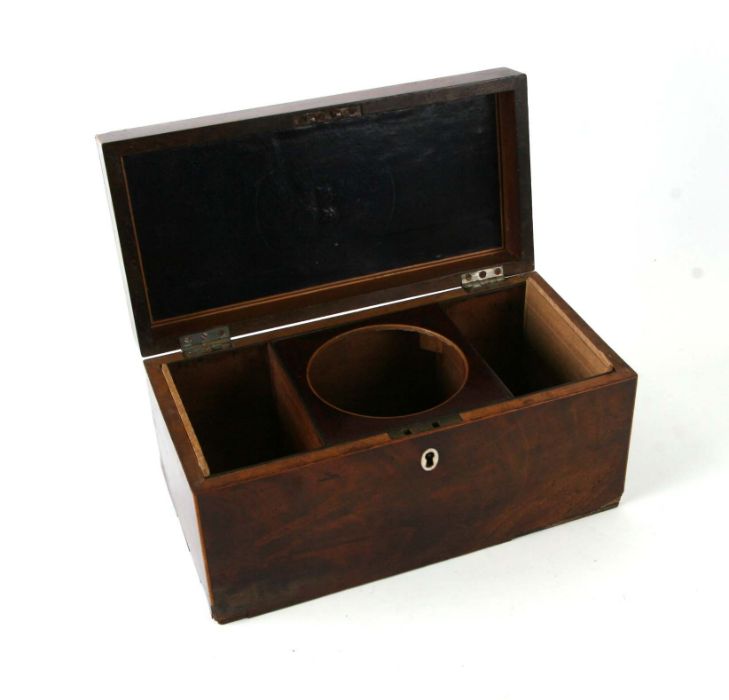 A 19th century mahogany and boxwood strung tea caddy, 30cms wide. - Image 2 of 2
