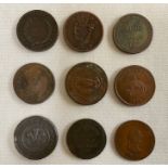 19th century Penny tokens – Isle of Man, Ireland, Hull, Bath, Birmingham & others (9)