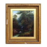 Victorian School, woodland river scene, oil on canvas, framed, 32cm by 41cm together with a