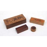 A Victorian Tunbridgeware box, 10cms wide; a boxed miniature domino set together with two small