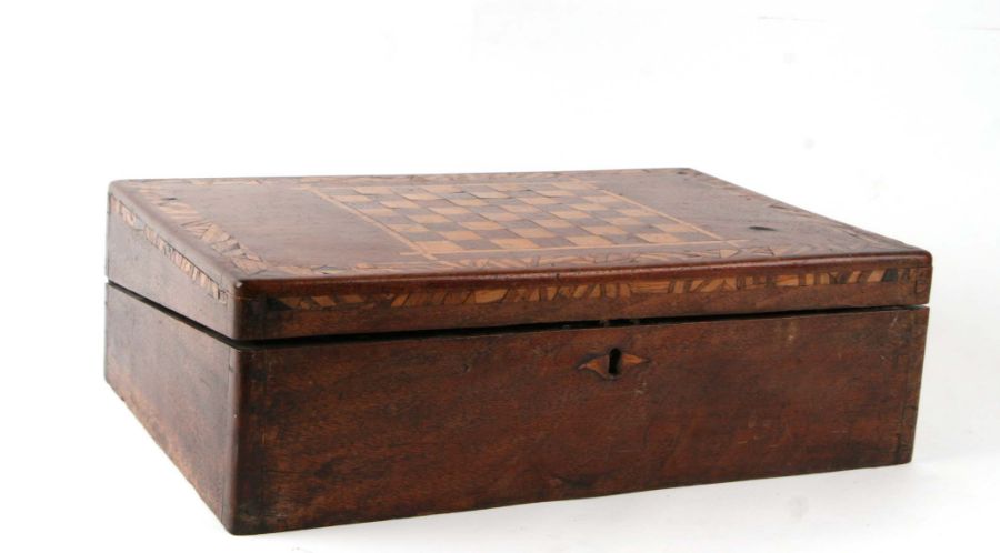 A 19th century inlaid mahogany writing slope, the rectangular top with integral chess board, - Image 3 of 4