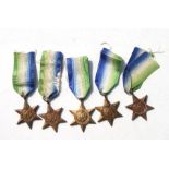 Five original WWII Atlantic Star Medals with ribbons