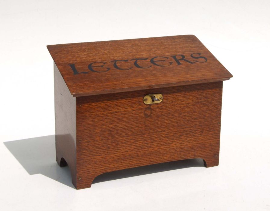 A country house style oak stationary box, with fitted interior, the lid painted "Letters" 25cm