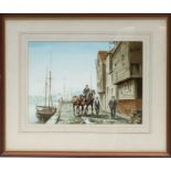 20th century school - figure with horses by a harbour. indistinctly signed, watercolour, framed