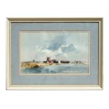 R E Bryan, A Norfolk Broads, rural scene with a windmill in the distance, watercolour, signed
