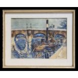 H Bruneau (continental school) - River Scene with Moored Boat and Arched Bridge - signed lower