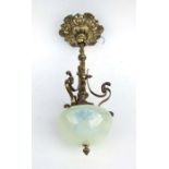 A WAS Benson style brass ceiling light with Vaseline type glass shade, 55cms high.Condition