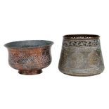 A Turkish / Islamic brass planter with pierced rim, 17cms high; together with a copper bowl, 13cms