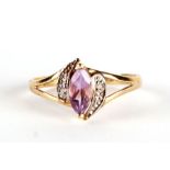 A 9ct gold amethyst and diamond dress ring, approx UK size 'O', 1.1g.