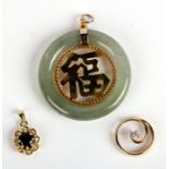 A 10ct gold diamond set pendant; together with a 9ct gold diamond and sapphire pendant and a Chinese