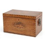 A 19th century inlaid mahogany two-division tea caddy with lion mask handles, 24cms wide.