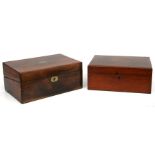 A Victorian walnut box with Tunbridgeware style banding, 30cms wide; together with another
