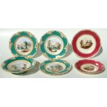 A 19th century hand painted part cabinet dessert service comprising comport and three plates
