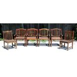 A set of six Cannock Gates teak garden chairs comprising four carvers and two chairs, all with