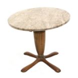 A Modernist occasional table, the circular marble top on a vase shaped column and tripod base, 57cms