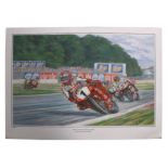 After John Saunders - four coloured motoring prints, Monza Double Whammy 1999, Carl Fogarty (