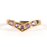 A 9ct gold amethyst set wishbone ring, approx UK size 'O', 1g.