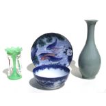 A green glass lustre; together with a Japanese charger decorated with koi carp; a crackleware vase