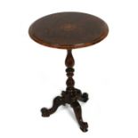 A burr walnut occasional table with inset inlaid roundel on turned column and tripod base, 51cms