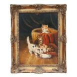 English school - An Interior Scene with Kittens Drinking Milk - oil on board, framed, 29 by 39cms.
