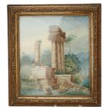 19th century continental school - Figures Sat by a Ruin - watercolour, framed & glazed, 20 by